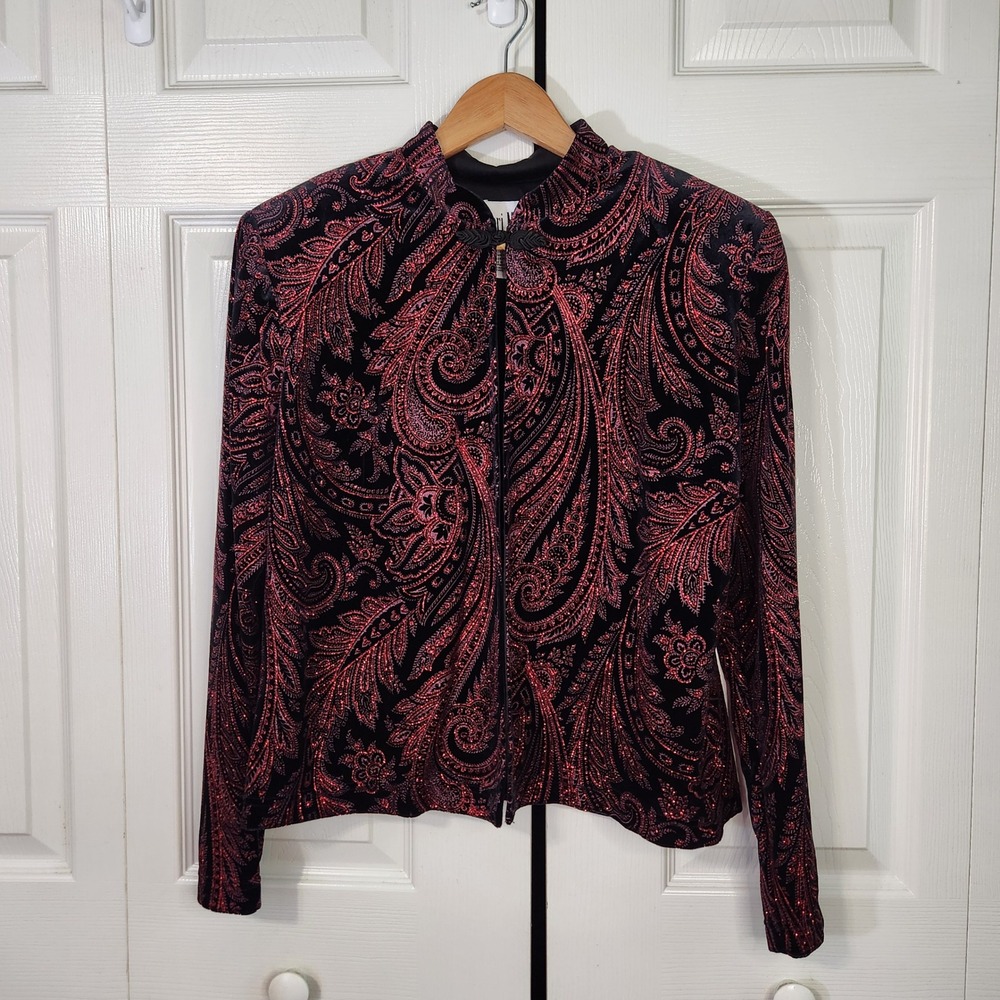 Sheri Martin New York‎ Red Black Paisley Glitter Velvet Jacket Frog Closure 12